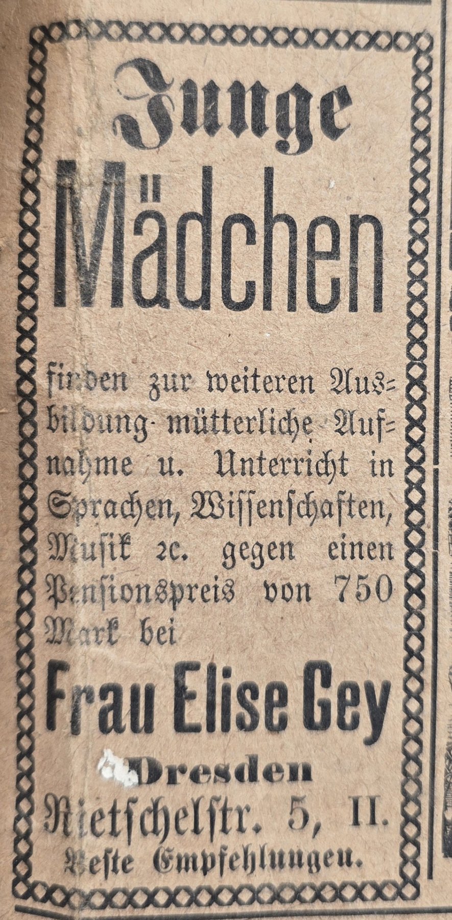Alte Anzeige von Elise Gey, 1887