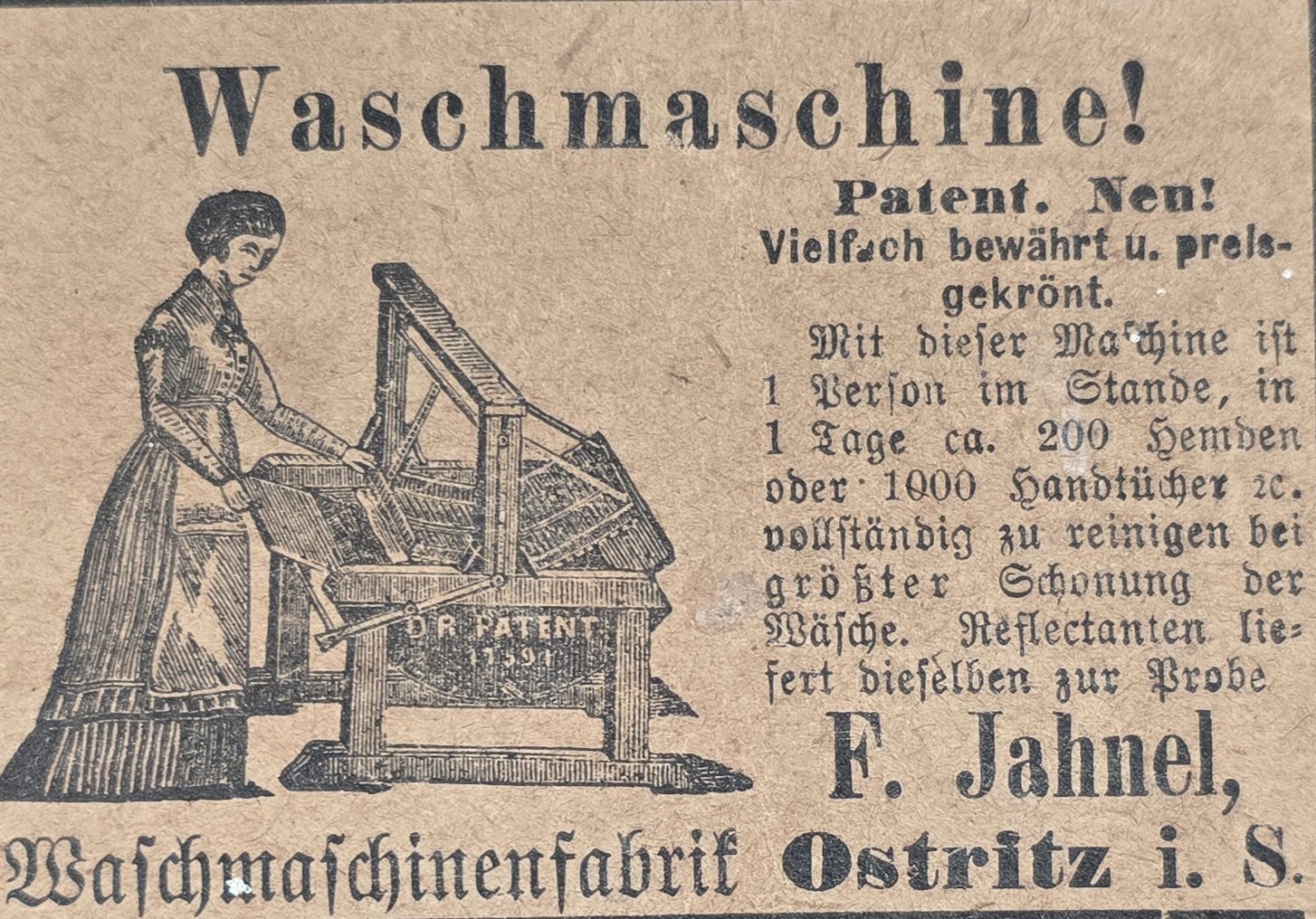 Alte Anzeige von F. Jahnel, 1887