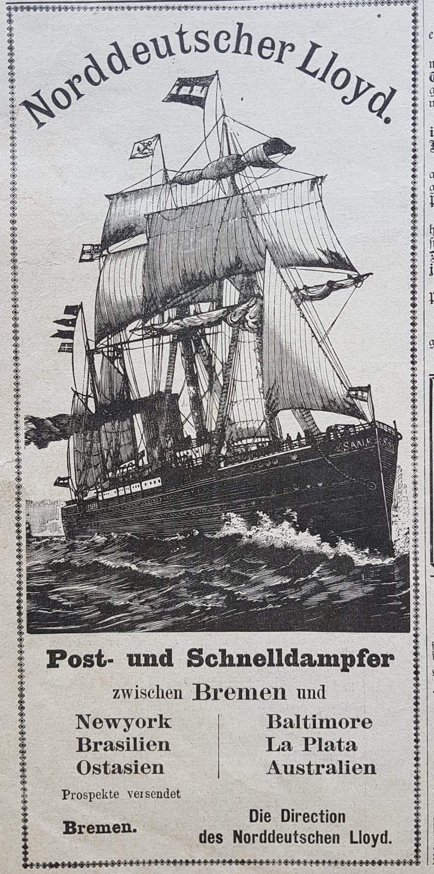 Alte Anzeige von Norddeutscher Lloyd, 1887
