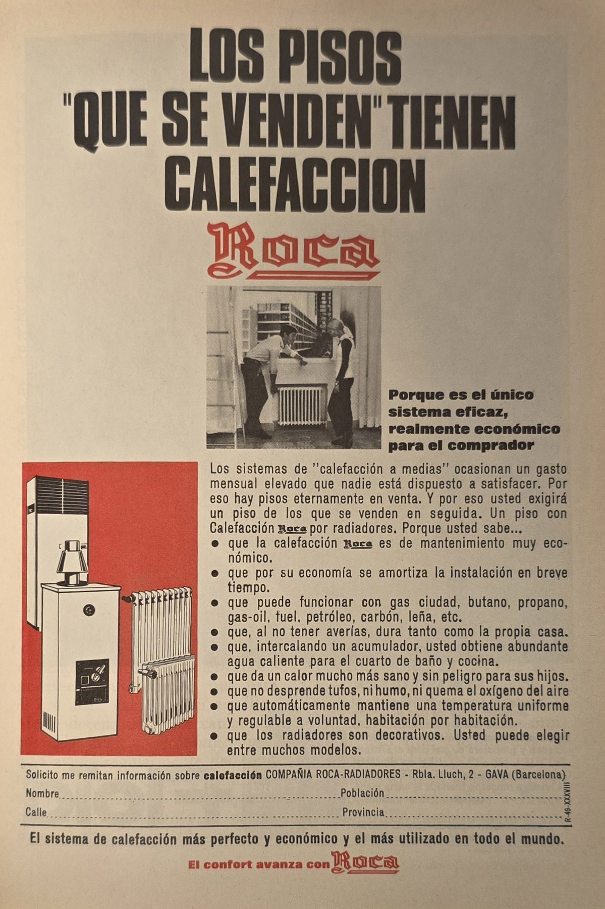 1968 Spanish magazine ad for Roca central heating. Bold headline “Los pisos ‘que se venden’ tienen calefacción Roca” and the red gothic Roca logo. A photo of a young couple inspecting a cast-iron radiator under a window in a new flat, a drawing of a boiler and radiators on a red background, a bulleted list of advantages and a coupon.