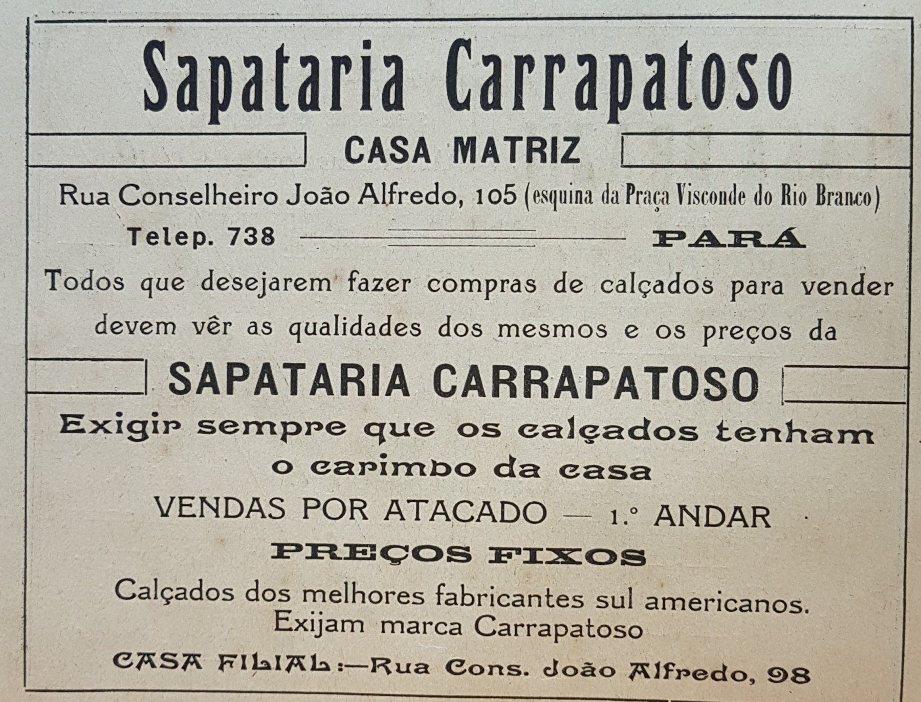 Anúncio antigo de Sapataria Carrapatoso, 1915