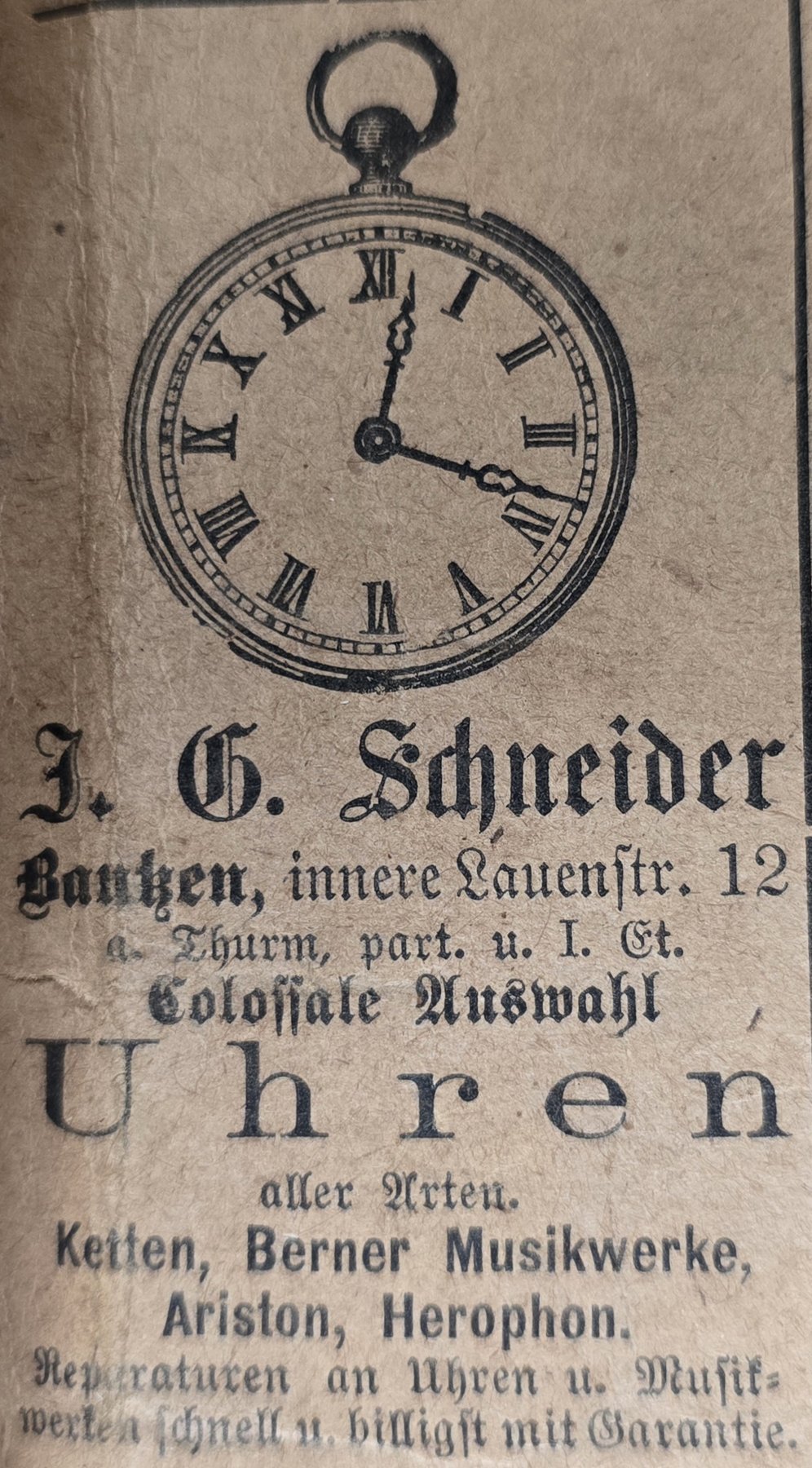 Anúncio antigo de J. G. Schneider, 1887